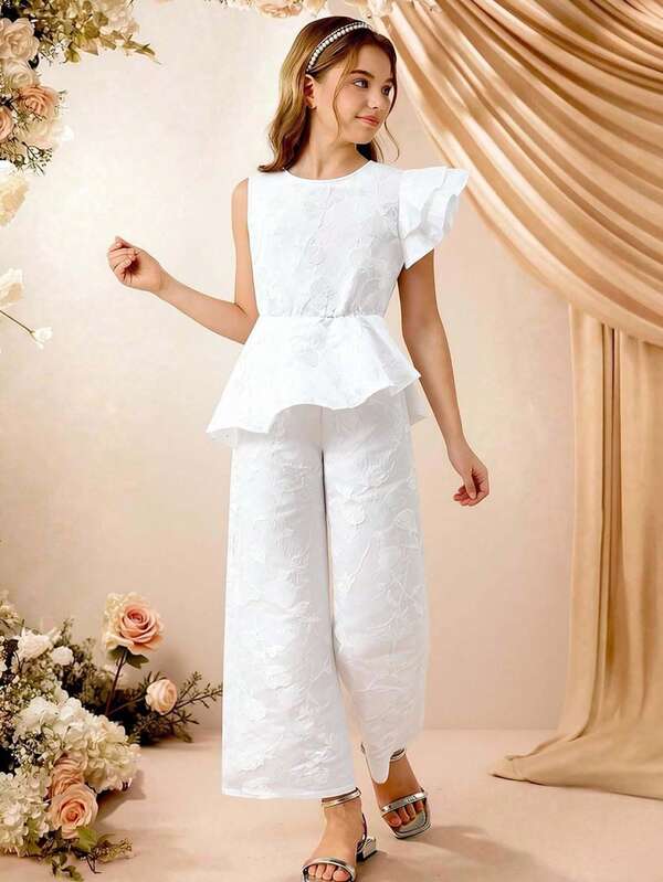 Tween Girls' Fashionable Asymmetrical Design Jumpsuit White Pants Suit Outfit For Teen Girls White Outfit White Outfit For Girls White Pants Set Two Piece Set Tween White Jumpsuit White Jumpsuit For Women White Two Piece Set