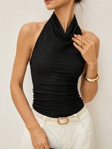 Lymera Women's Fashionable Sexy Casual Versatile Black Textured Jacquard Pleated Halter Neck Top, Spring/Summer - Black - View 6