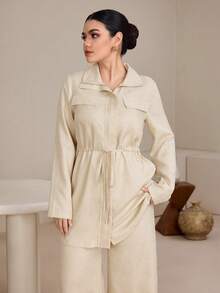 Graceveil Bộ 2 món áo khoác cổ đứng có dây rút điều chỉnh dành cho nữ và quần in họa tiết. - Màu be - Xem 7