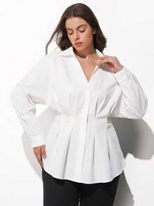 Maija 2026新款早春撞色长袖V领收腰女式衬衫，大码设计，适合现代都市派对、返校季、日常休闲简约风、波西米亚风、度假、假日、春季复活节夏季派对上衣、海滩度假、各种夏季外出、毕业典礼等场合。 - 白色 - 查看 3