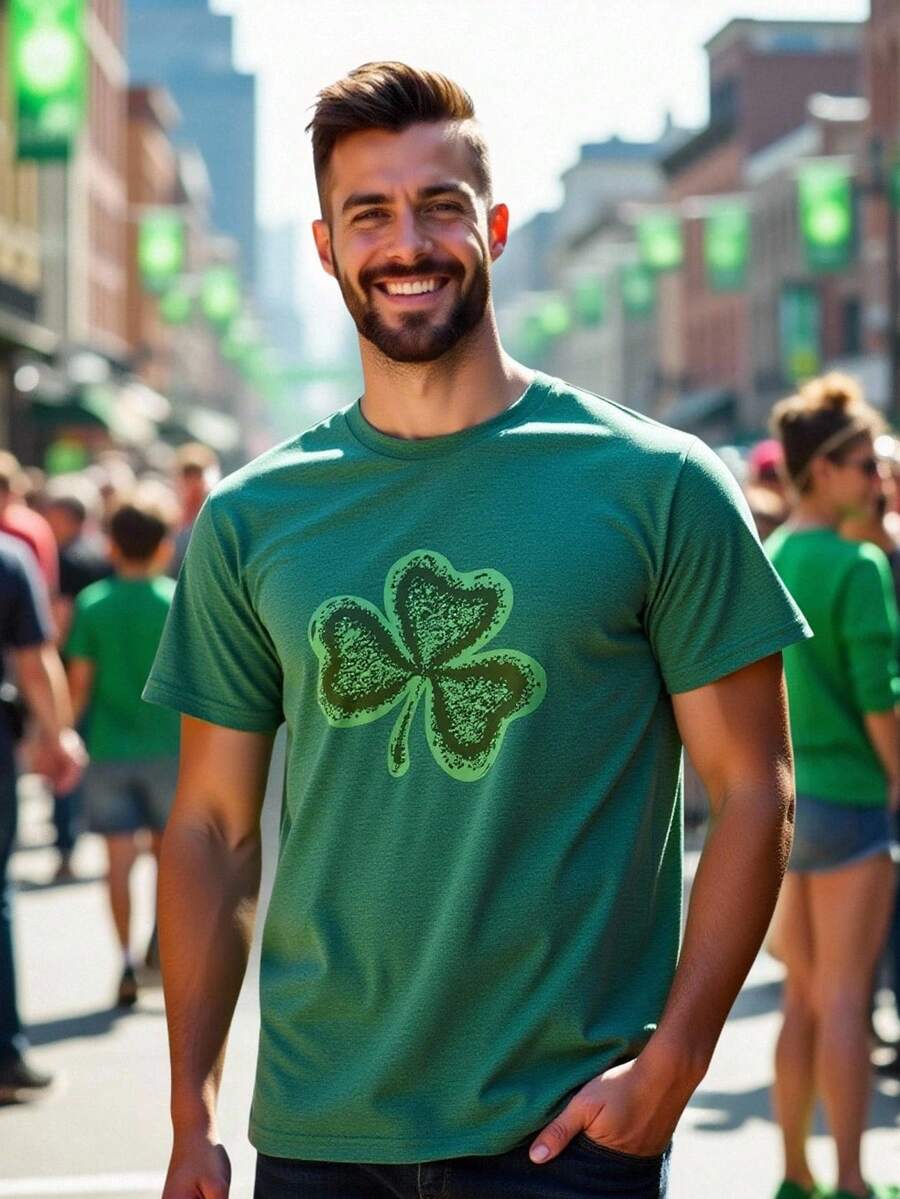 HIMLAND Men's Casual Commuter St. Patrick's Day Clover Print Short Sleeve T-Shirt, Summer - Army Green - View 1