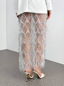 SHEIN Tall Embellished Pencil Maxi Skirt Wedding Reception Beaded Crystal Net Overlay Rhinestone Lattice Formal Occasion Evening Winter Holiday Party Skirt - White - View 2