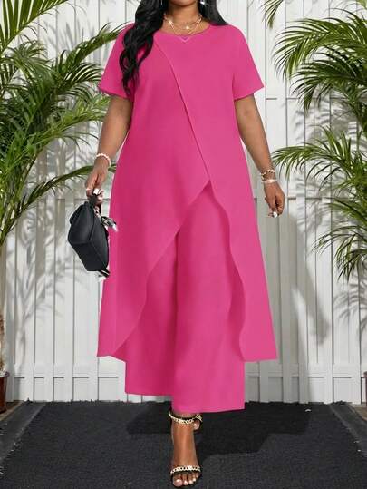 SHEIN Lady Plus Size Solid Color Round Neck Short Sleeve Top And Pants 2 Pieces Set  Summer Spring Summer Outfits For Women  Spring Outfit  Summer Dress Spring Dress  Festival Outfits For Women   Beach  Beach Outfit For Women Vacation Outfits Women  Vacation   Holiday