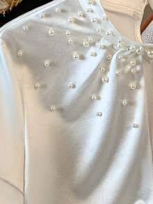 Franclia 女士纯色优雅珍珠纽扣装饰短袖衬衫 - 白色 - 查看 4