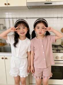 4-częściowy dziewczęcy, swobodny, prążkowany kardigan z okrągłym dekoltem i szorty, minimalistyczny, beżowo-różowy kolor o niskim nasyceniu - Wielokolorowe - Zobacz 2