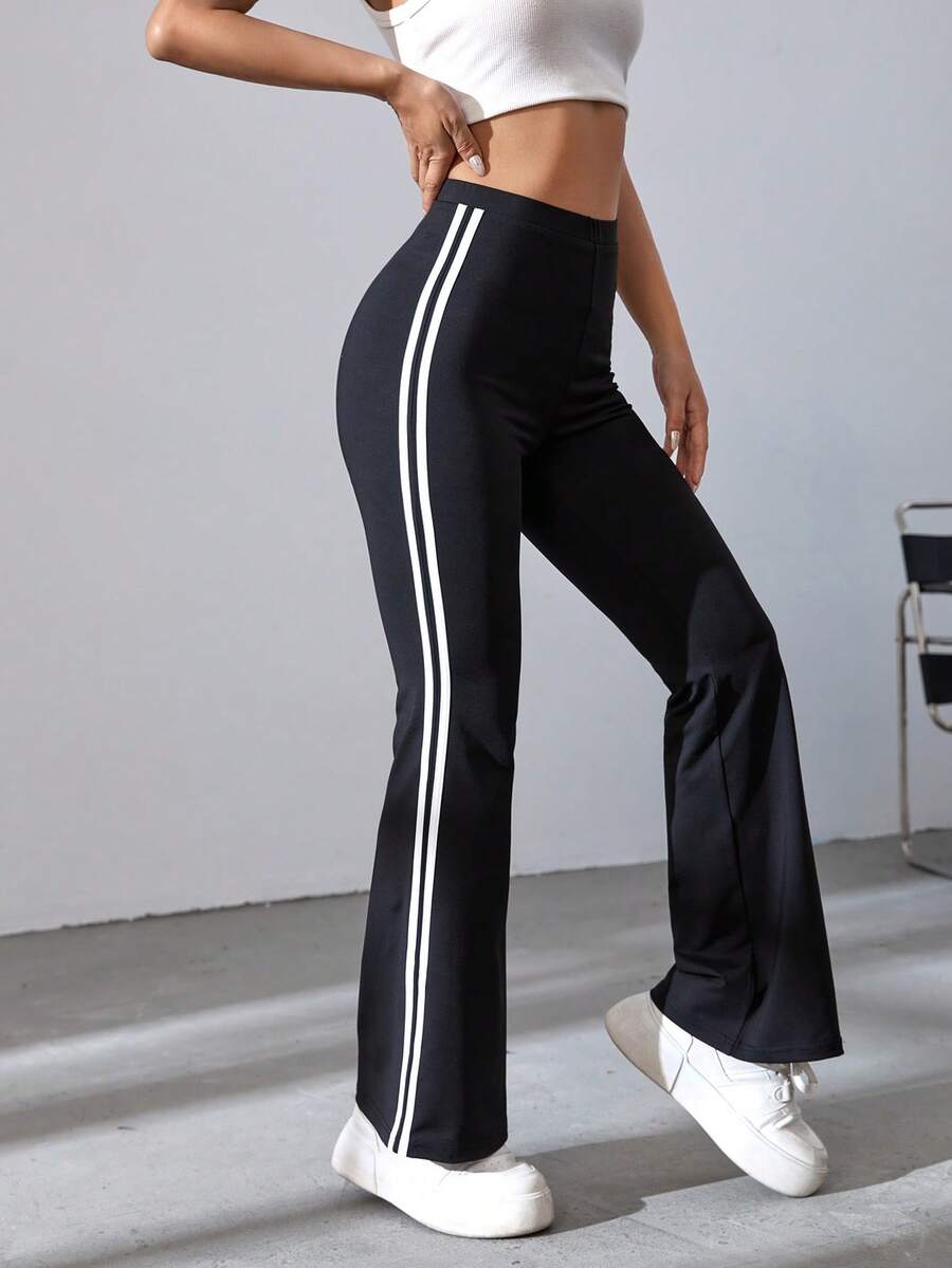 SHEIN EZwear 春季黑色条纹喇叭裤 - 黑色 - 查看 1