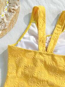 1件装女童黄色向日葵针织面料舒适修身连体泳衣，适合海滩、泳池、度假、夏季旅行 - 黃色 - 查看 6