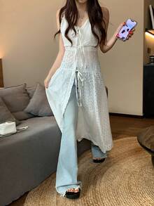 DAZY 女士波西米亚蕾丝拼接吊带连衣裙，多层沙滩罩衫连衣裙，开衩设计，度假风长裙 - 白色 - 查看 5