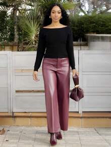 Yess Loren 勃艮第酒红色 PU 皮革褶皱宽松系带直筒休闲百搭女裤 - 酒紅色 - 查看 5