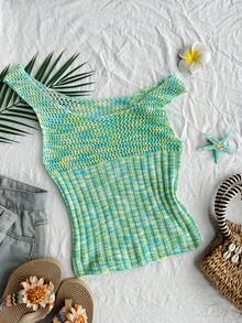 SHEIN SunnyBelle Y2K Women's Hollow-Out Gradient Knit Sleeveless Crop Top With Waist Cinching, Suitable For Spring/Summer Island Vacation - Multicolor - View 2