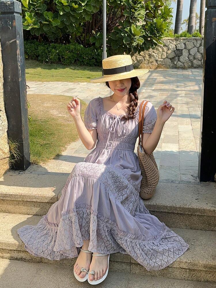 Women's High-Density Cotton Blend Purple & Blue Contrast Lace Waist Dress, French Design Elegant Long Dress Summer