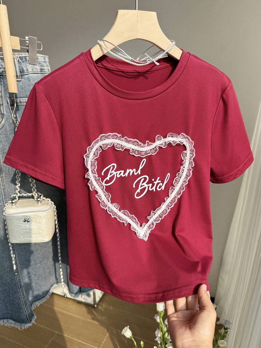 Resyla Áo thun crop top nữ tối giản, viền ren, thời trang, thích hợp làm quà tặng cho bạn bè. - Màu Đỏ Sâu - Xem 1