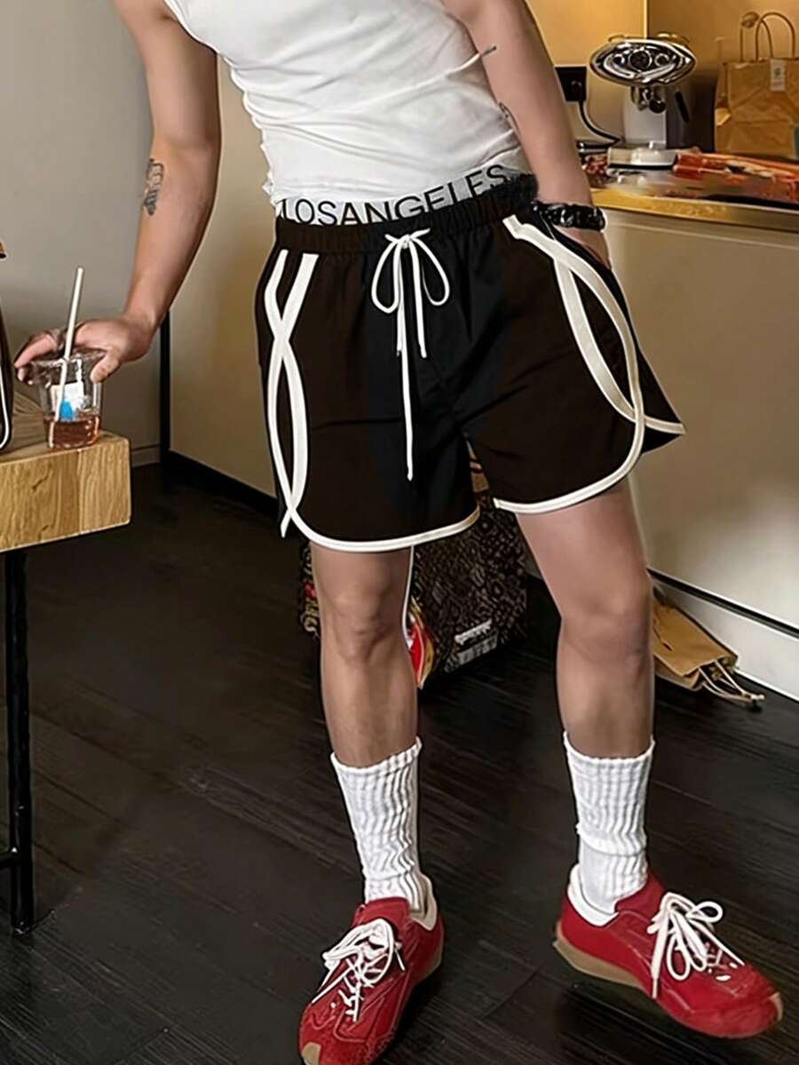 Manfinity Dauomo 休闲时尚撞色滚边男士短裤 - 黑色 - 查看 1