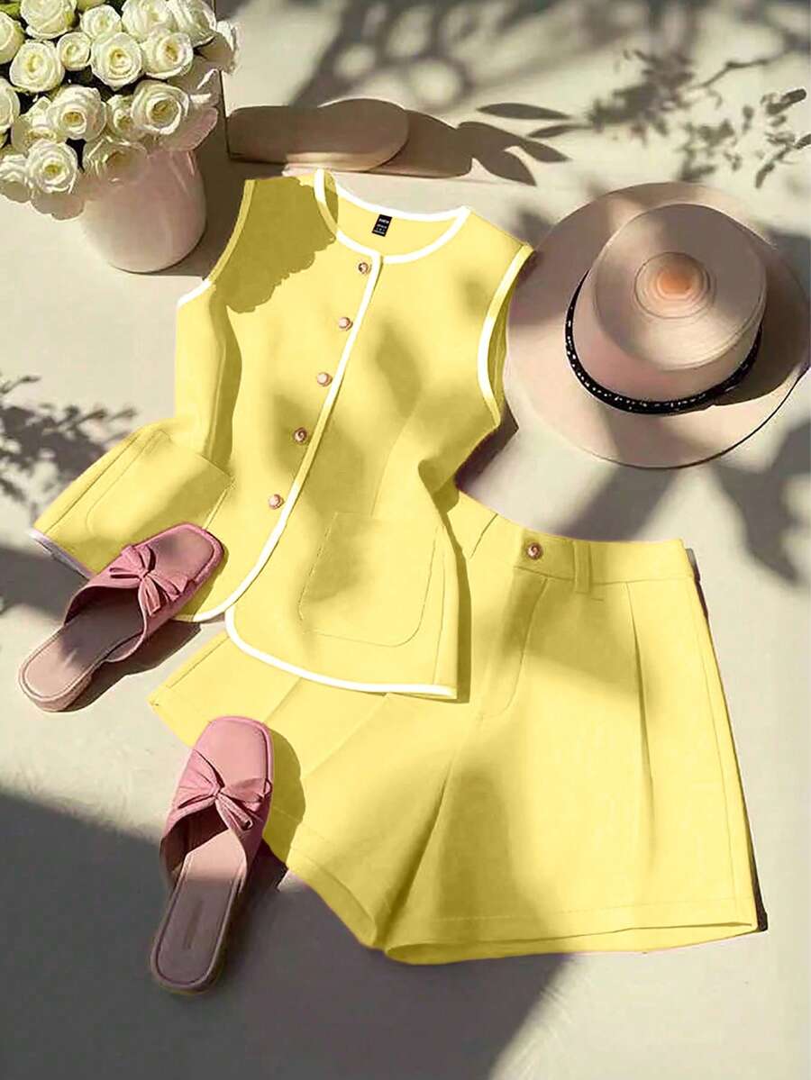 Qadelle Women's Elegant Contrast Trim Fuchsia 2 Pieces Set, Summer - Yellow - View 1