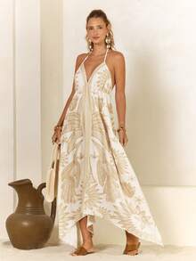 CAJUNI Tropical Print Backless Halter Neck Dress, Vacation & Casual - Yellow - View 1