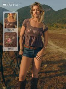 WESTFADE Floral Embroidered Pointelle Knit Square Neck Short Flutter Sleeve Peplum Babydoll Knit Top - Coffee Brown - View 1