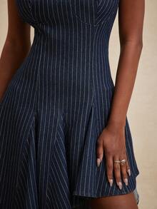 NYA SZN 女士条纹荷叶边不对称下摆优雅收腰牛仔派对连衣裙 - 深色水洗藍 - 查看 6