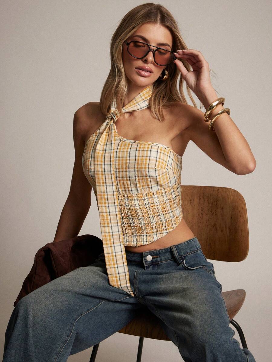 Hauture 格子缎带露背修身性感短款上衣 - 黃色 - 查看 1