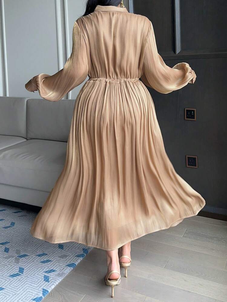 Dazy Plus Plus Size Women Solid Color Shiny Lapel Drawstring Waist Long Sleeve Casual Dress, Spring/Summer Sundress