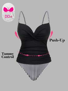 Swim DD+ Women's Striped Adjustable Spaghetti Strap Criss-Cross Back Tie Triangle Tankini Tankini Swimwear Set - Black - View 6