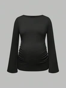 SHEIN Maternity Solid Color Round Neck Flare Sleeve Fitted Casual T-Shirt - Multicolor - View 4