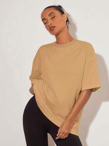 SHEIN BASICS 女士休闲宽松落肩纯色T恤，夏季 - 卡其色 - 查看 5