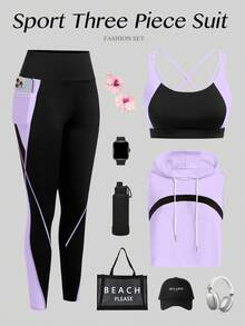 Eassivo Conjunto deportivo de top con capucha sin mangas y pantalones de yoga ajustados para mujer - Multicolor - Ver 3
