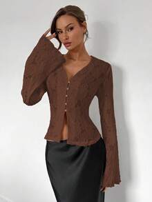 Almamuse 时尚浪漫性感纯色蕾丝前开襟纽扣长袖衬衫 - 棕色 - 查看 4