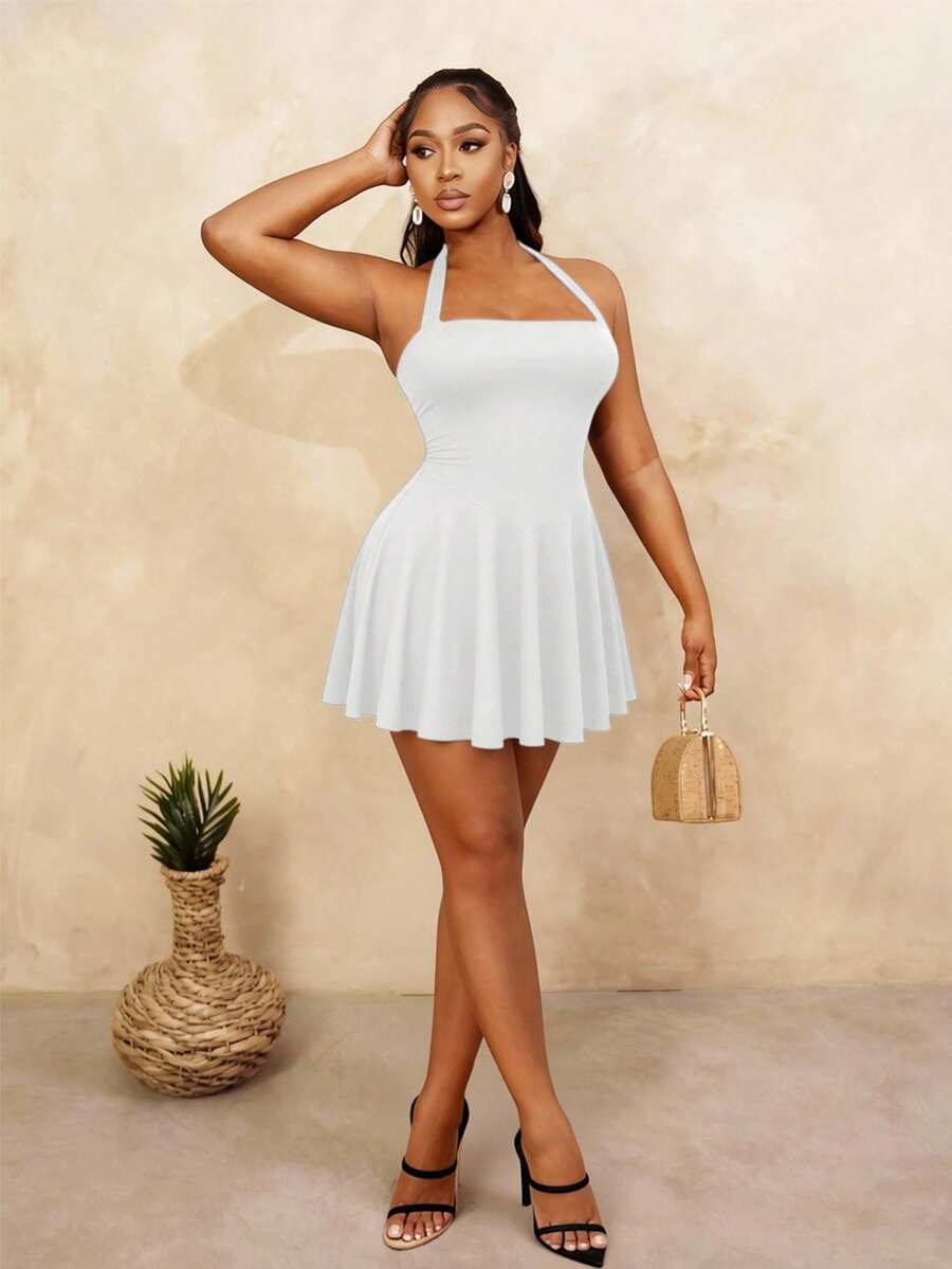 BamGleam 女士简约纯色吊带系腰连衣裙，夏季 - 白色 - 查看 1