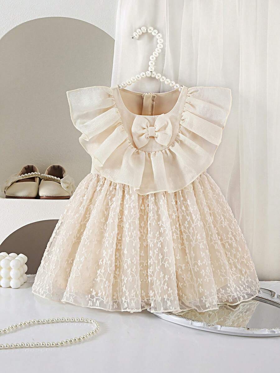 Babygirl Elegant & Cute Princess Dress, Apricot Tulle Bow Ruffle Hem Dress - Apricot - View 1