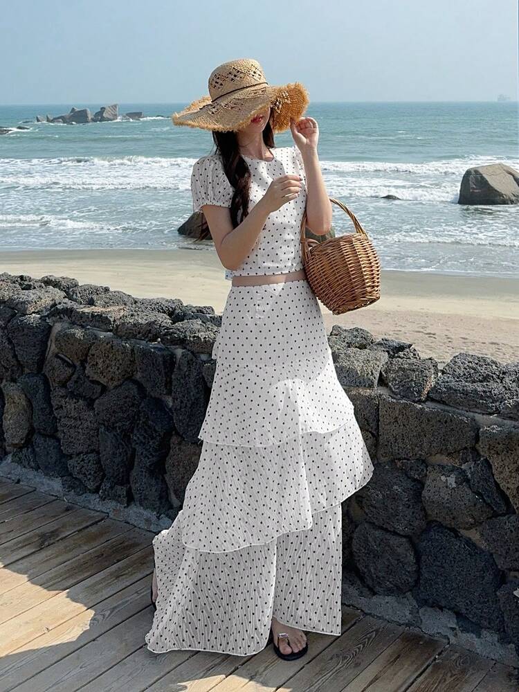 Women's Polka Dot Short Sleeve Blouse And Long Cake Skirt Casual 2 Pieces Set Lounge Sets For Women