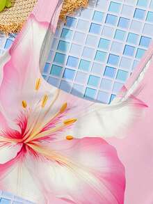 Hibiscus, Flame Tree, Beach Vacation, #Coconutgirl, Tween Girls Casual Minimalist Camisole & Triangle Bottoms Swimwear Set, Suitable For Summer Mid-Break To Beach, Neon Beach Vibes, Swimwear Collection, Holiday Feels, Coastal Minimalism, Summer Flower - Pink - View 4