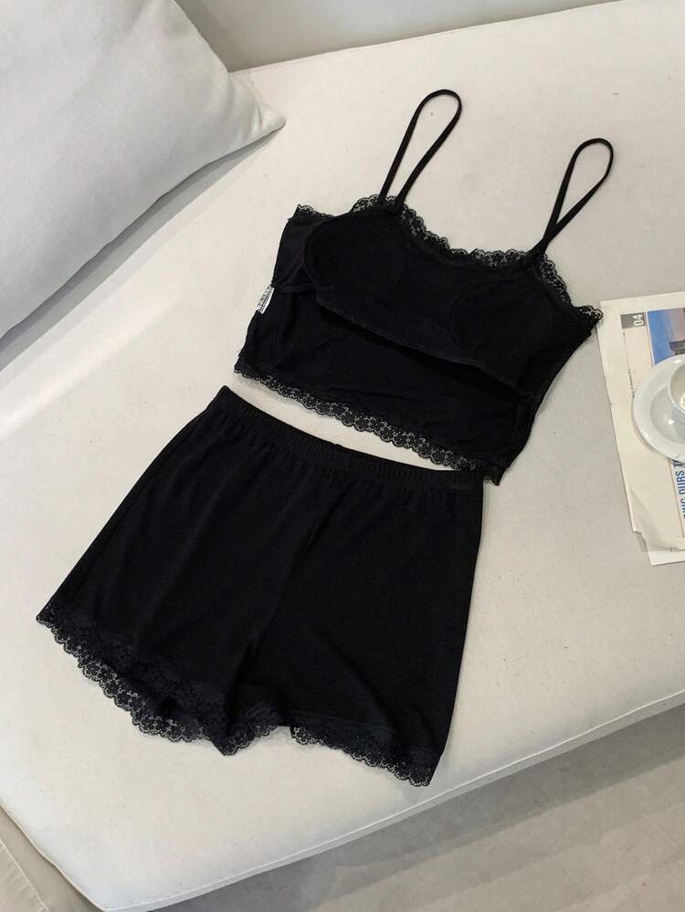 Sexy Lace Patchwork Cropped Camisole & Super Short Shorts Women Pajama Set