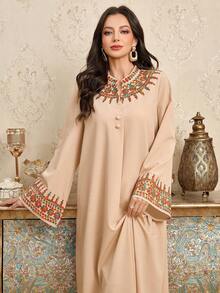 Al Najma Vestido con cuello en V, botones delanteros, mangas acampanadas y bordado vintage - Albaricoque - Ver 7