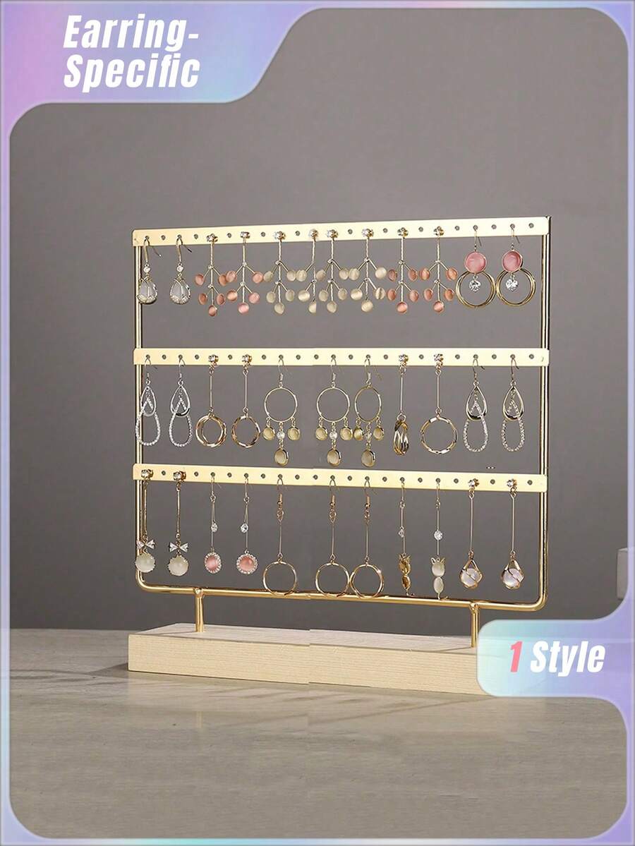 1pc Detachable Iron Earring Storage Rack, Wooden Base Jewelry Display Rack For Home, Gift For Valentine's Day Valentine DAY, Valentines Wedding, Birthday,Room Decor,Home Decor,Bedroom Decor,Wedding Decor,House Decor,Home Decor Items,Room Decoration Stuff,Room Decor Bedroom,Easter,Storage,Organization And Storage,Bathroom Decor,Bathroom Organizer,Jewelry Organiser,Jelwlry Box,Back-To-School Season - Gold - View 1