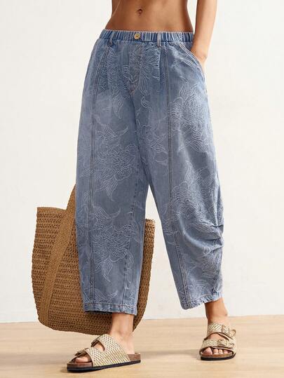 Bohemela Quần jeans nữ cỡ lớn họa tiết hoa, cạp chun, túi, dáng côn, kiểu dáng thường ngày.