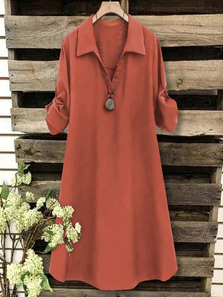 SHEIN Tall CURVE 大码女式法式休闲V领短袖夏季连衣裙 - 橘色 - 查看 1