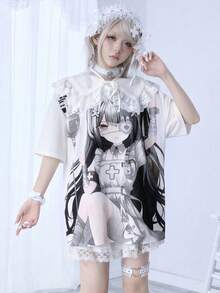 ROMWE Anime 动漫卡通病娇女孩粉色宽松圆领短袖T恤 - 黑色 - 查看 1