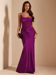 SHEIN BAE Asymmetric Plunging Neckline Women's Waist Sheer Maxi Elegant Satin Mermaid Hem Dress, Suitable For Wedding Guest Attire, Elegant Dress, Summer Dress, Birthday Party Dress, Elegant Satin Dress, Wedding Guest Mini Dress, Brunch Dress, Elegant Feminine Dress - Pink - View 3