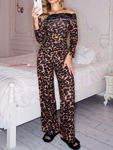 SweetSlumber Conjunto de lencería sexy con hombros descubiertos y estampado de leopardo, conjunto de ropa de dormir sexy con estampado de leopardo y encaje para mujer - Multicolor - Ver 5