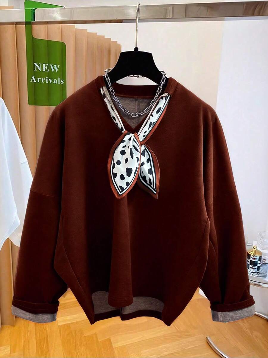 GlowEve 女士秋冬时尚都市休闲酷炫青春宽松长袖中长款街头休闲卫衣，适合毕业派对、节日活动、约会等场合。 - 棕色 - 查看 1