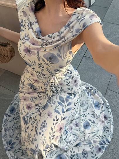 Feyla Women's Floral Print Tie Waist Dress, Elegant For Vacation Off-The-Shoulder A-Line Summer Dress, Pure And Alluring Vacation Style.