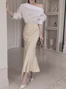 DAZY Chân váy đuôi cá cạp cao bằng vải satin, chân váy ôm sát thanh lịch dành cho nữ mùa hè - Màu be - Xem 6