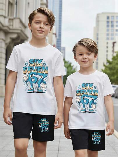 SHEIN Coolqubz 2pcs/Set Toddler Boys' Casual Creative Numeric 67 & Lightning Graphic Print Short Sleeve T-Shirt And Shorts Outfit, Comfortable Daily Wear, Suitable For Spring, Summer & Autumn