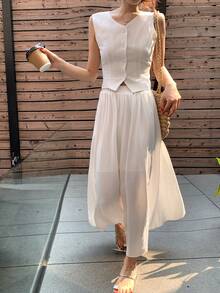 DAZY Women's Solid Color Collar Two Pieces Vacation Set - White - View 8