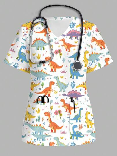 Poshira 休闲V领短袖卡通恐龙印花工作服上衣