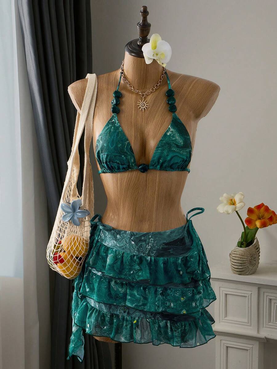 Bellisia Summer Women 3-Piece Set Marble Print Beaded Accessories Halter Halter Triangle Top, Tie Side Bikini Bottoms, Layered Cake Skirt Swimwear Set - Multicolor - View 1