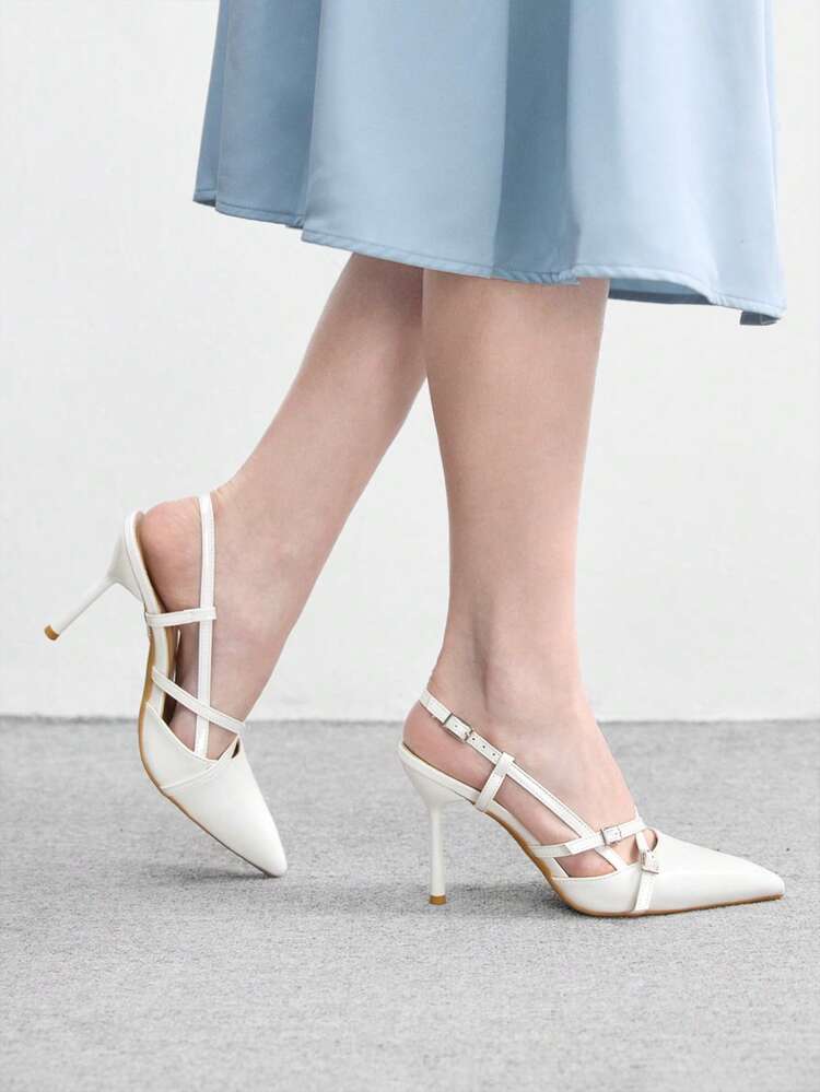 CUCCOO BIZCHIC White Minimalist Design French Pointed Toe High Heels, French Elegance + Mature Sexy Style, Glossy Material, Criss-Cross Strap + Metal Buckle Decor, Suitable For Women, Daily Commute, Dating, Light Workplace Occasions