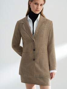 INAWLY 女式常规格子翻领长袖夹克和迷你裙优雅套装 - 棕色 - 查看 4