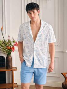 SWAVVY Men's Fashionable Printed Short Sleeve Shirt Set, Spring/Summer - Blue - View 3